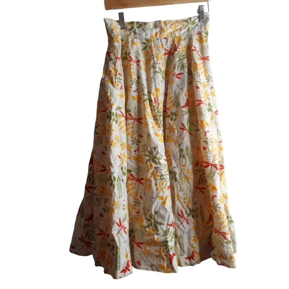 Vintage Circle Skirt Sz S Handmade Floral dragonflies Ants button front Estate - Picture 3 of 9